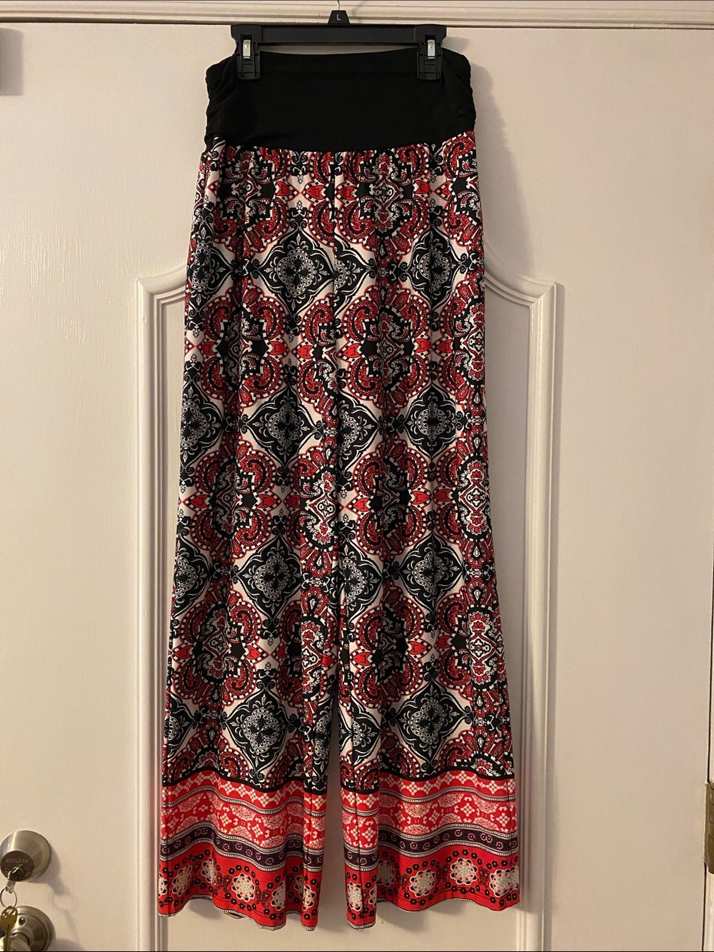 Palazzo Pants Black Waistband in Red and Black Pattern